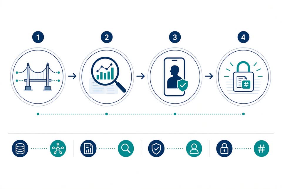 Four-step Bridge flow: Connect to existing systems, Discover exceptions, Approve on a named operator's device, then Act only on recorded approval.