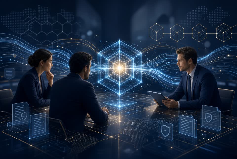 Trust professionals seated around a shared Reasoning Engine — preparing, explaining, and proposing while they decide.