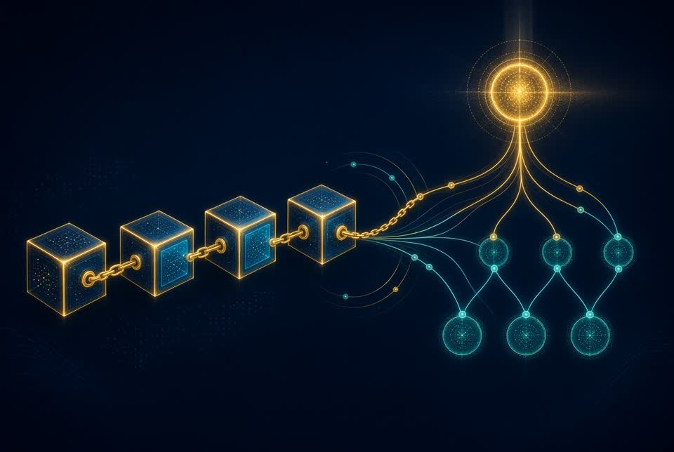 Hash-chained blocks folding into a Merkle tree — each fiduciary event linked, then gathered into a single published fingerprint.
